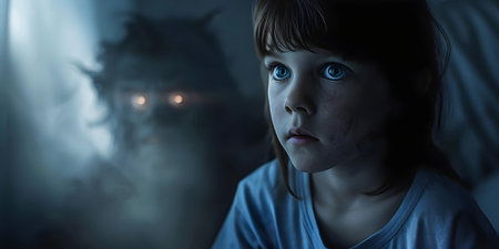 Child plagued by frightening nightmares including monsters ghosts and darkness. Concept Childhood fears, Nightmares, Monsters, Ghosts, Darknessの素材