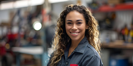 Smiling Female Mechanic Breaks Barriers in Garage Setting. Concept Female Empowerment, Mechanic Skills, Garage Setting, Breaking Barriers, Smiling Portraitの素材