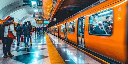 Busy train station with orange trains and passengers boarding metro cars. Concept Train Station, Orange Trains, Passengers Boarding, Metro Cars, Busy Atmosphereの素材