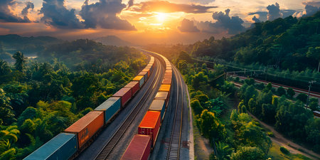Efficient transportation of international goods by train with intermodal containers. Concept Intermodal Container Shipping, Train Transportation, International Logistics, Efficient Cargo Routingの素材