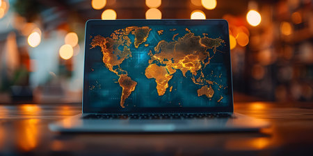 Embracing Global Connectivity: Open Laptop with World Map Display. Concept Global Connectivity, Technology, World Map Display, Open Laptop, Digital Communicationの素材