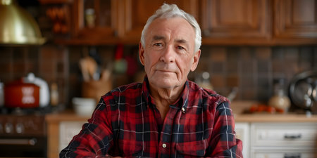 Elderly man in kitchen showcases struggles with memory loss. Concept Memory Loss, Elderly Care, Kitchen Scenes, Aging Challengesの素材