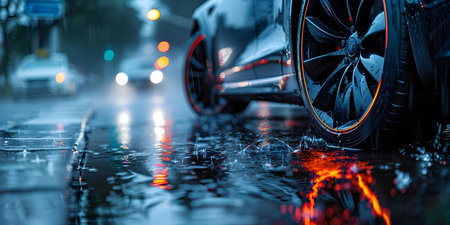 Closeup of electric car tire with lightning bolt design on wet street showcasing ec. Concept Electric Cars, Sustainable Transportation, Tire Design, Renewable Energy, Urban Environmentの素材