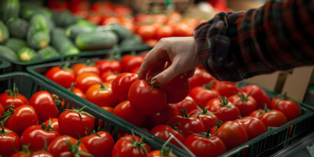 Person selecting ripe tomatoes in grocery store produce section for quality and freshness. Concept Grocery Shopping, Produce Selection, Food Quality, Freshness, Tomato Varietiesの素材