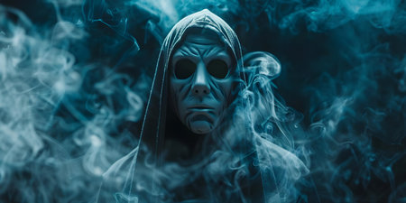 Person in ghostly mask creating eerie aura Halloween costume idea spooky disguise imposter theme. Concept Halloween, Costume, Ghostly Mask, Eerie Aura, Spooky Disguiseの素材