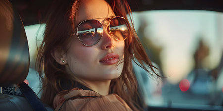 Woman in sunglasses sitting in car backseat looking out window wearing seatbelt enjoying travel. Concept Travel, Sunglasses, Car, Backseat, Seatbeltの素材