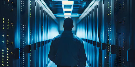 A technician working in a server room inspecting and maintaining network connectivity and server hardware. Concept Server maintenance, Network connectivity, Technician, Server roomの素材