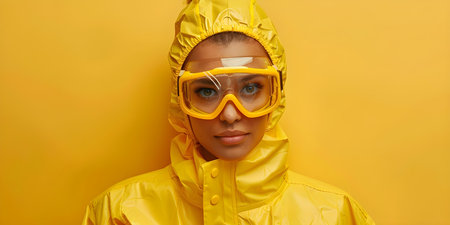 Woman in yellow protective suit and goggles symbolizing safety in hazardous environments or PPE. Concept Safety Gear, Hazardous Environments, PPE, Protective Clothing, Workwearの素材