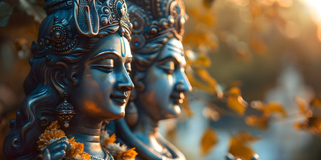 Intriguing closeup image featuring Hindu deities Lord Krishna and Shiva. Concept Hindu Deities, Lord Krishna, Lord Shiva, Closeup Image, Intriguing Portraitの素材