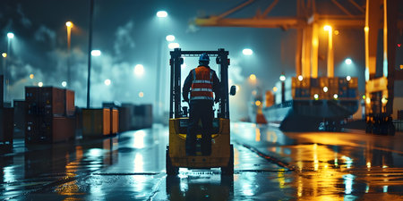 Man using forklift at night in busy cargo harbor for maritime logistics. Concept Night Operations, Forklift Usage, Cargo Harbor, Maritime Logistics, Busy Portの素材