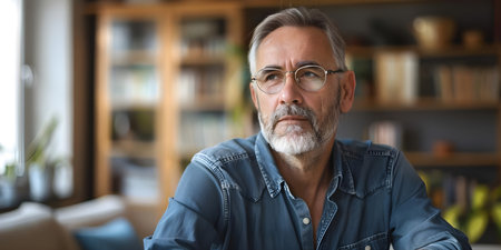 Candid Portrait of Senior Man Reflecting on Memory Loss Challenges at Home. Concept Memory Loss Challenges, Senior Man, Candid Portrait, Reflection, Home Settingsの素材