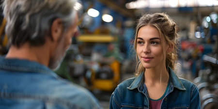 Empowered female mechanic learns about engine breakdown from manager at workshop. Concept Women in STEM, Automotive Industry, Learning from Manager, Empowerment, Engine Breakdownの素材