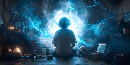 Sinister figure engulfed in technology and power. Concept Dark Technology, Cybernetic Power, Sinister Figure, Technological Evilの素材