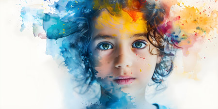 Vibrant watercolor portrait of a unique child with colorful ink splashes. Concept Watercolor Portrait, Unique Child, Colorful Ink Splashes, Vibrant Art, Creative Photographyの素材