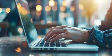 Persons hands typing on laptop for digital marketing project management research. Concept Digital Marketing, Project Management, Research, Laptop Typing, Handsの素材