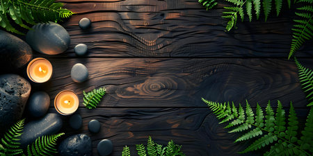 Creating a Relaxing Atmosphere with Lit Candles, Hot Stones, and Ferns in a Spa Setting. Concept Spa Experience, Relaxation Ambiance, Candlelit Treatments, Hot Stone Massage, Botanical Decorの素材