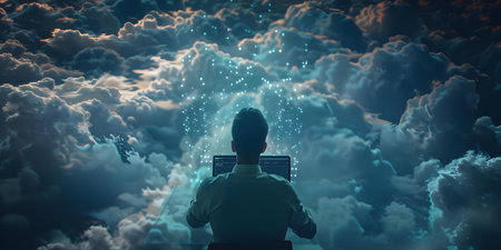 Securing Data: A Businessman Downloading Files from Cloud Storage with Emphasis on Cyber Security and Backup Measures. Concept Cloud Security, Data Backup, Cybersecurity Measuresの素材