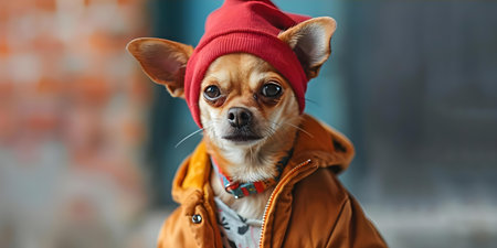 Chihuahua Dog in Hip Hop-Inspired Outfit Playing in a Fun Scene. Concept Dog Fashion, Pet Photography, Hip Hop Style, Fun Backdrop, Playful Posesの素材