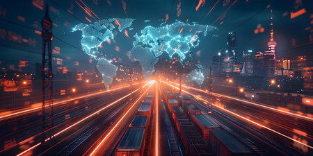Navigating the Future: A Scene of Global Trade with Cargo Ships, Trains, and a Glowing World Map. Concept Global Trade, Cargo Ships, Trains, World Map, Future Visionの素材