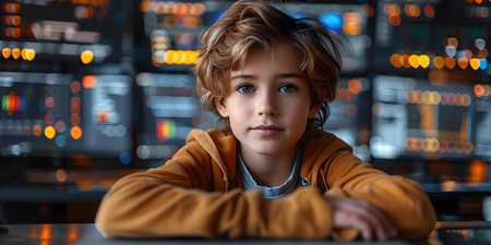 Focused boy competes in coding on laptop creating innovative software solutions. Concept Coding Competition, Young Innovator, Software Development, Tech Challenge, Concentrationの素材