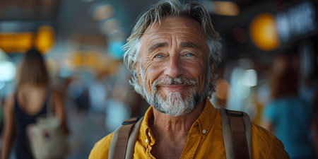 Elderly man with a big smile returning from a trip greeted by loved ones at the airport. Concept Family Reunion, Happy Homecoming, Elderly Traveler, Emotional Reunion, Airport Welcomeの素材
