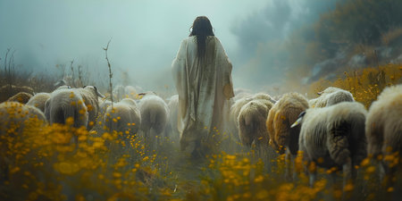 Jesus Christ as a Shepherd: Protecting and Guiding His Flock in a Green Field. Concept Christian Iconography, Spiritual Art, Biblical Themes, Religious Symbols, Shepherd Imageryの素材