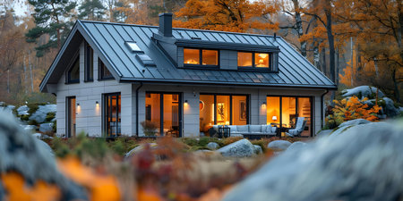 Front view of a minimalist-designed country house ideal for a cozy family retreat. Concept Country House, Minimalist Design, Cozy Retreat, Family-Friendly, Front Viewの素材