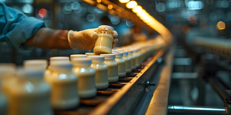 Engineer inspecting milk bottles production line in factory with automatic conveyor copy space available. Concept Factory Inspection, Production Line, Engineer at Work, Conveyor Belt, Quality Controlの素材