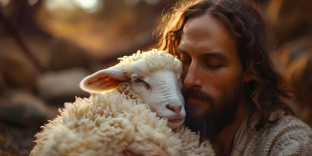 Jesus gently holds a lamb in this religious image. Concept Religious Art, Christianity, Jesus Christ, Lamb, Biblical Sceneの素材