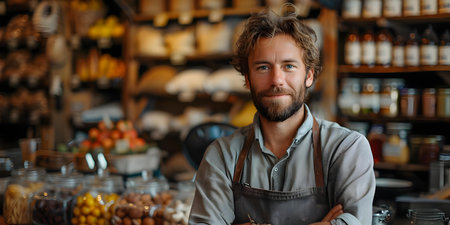 Shopkeeper processing payment in cozy shop. Concept Retail Transaction, Small Business Operations, Cashier at Work, Customer Service, Payment Processingの素材