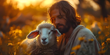 Divine Protection and Unwavering Love: Jesus Lovingly Guards a Stray Lamb. Concept Christianity, Divine Protection, Unwavering Love, Jesus, Lambの素材