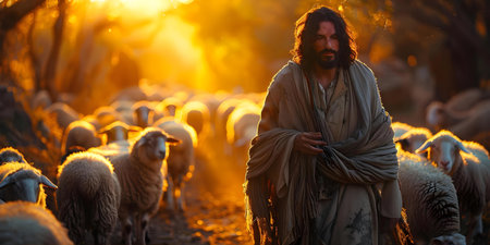 Jesus Christ leading a flock of sheep under the radiant sunlight symbolizing divine guidance and grace. Concept Religious Symbolism, Divine Guidance, Flock of Sheep, Radiant Sunlight, Jesus Christの素材