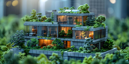 Miniature tilt-shift office model highlighting economic aspects. Concept Tilt-Shift Photography, Miniature Models, Office Scenes, Economic Aspectsの素材