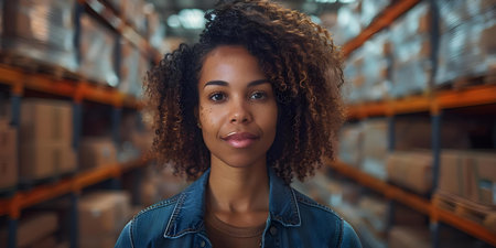 Middleaged Black woman in a warehouse chatting with a customer online preparing to ship an order. Concept E-commerce, Online Business, Shipping, Warehouse Operations, Customer Serviceの素材