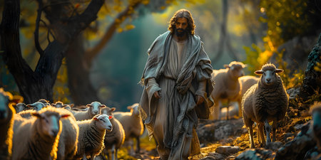 Protective Jesus as the Good Shepherd keeps a watchful eye over his peaceful flock of sheep in a natural setting. Concept Christianity, Bible Stories, Good Shepherd, Faith, Protectionの素材