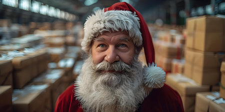 Santa Claus amidst cardboard boxes in a warehouse, preparing for Christmas gift delivery. Concept Christmas, Santa Claus, Warehouse, Gift Delivery, Cardboard Boxesの素材
