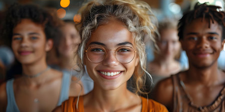A diverse group of young friends from different nations smiling together showing unity and friendship. Concept Unity, Friendship, Diversity, Young Friends, Smiling Togetherの素材