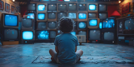 A child sits on the floor in front of multiple TVs showing the impact of media on parenting. Concept Parenting Challenges, Media Influence, Child's Perspective, Technology Impact, Family Dynamicsの素材