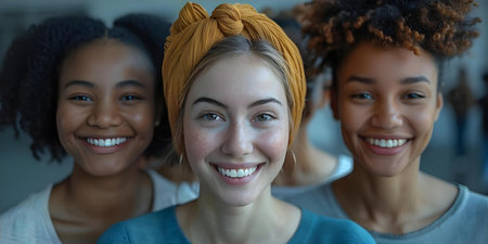 A diverse group of young friends from different cultures smiling together showing unity and friendship. Concept Friendship, Diversity, Unity, Young Friends, Cultural Exchangeの素材