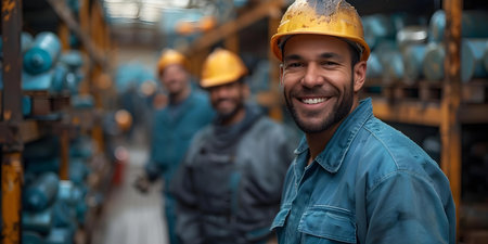Professional Cleaning Team Smiling in Uniform with Colleagues in Background. Concept Cleaning Team, Uniform, Smiling, Colleagues, Professionalismの素材
