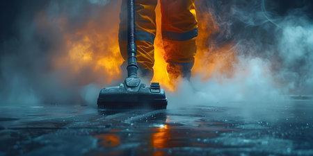 A man using a vacuum cleaner for dust cleanup during construction. Concept Construction Cleanup, Dust Removal, Vacuuming, Home Renovation, Maintenanceの素材