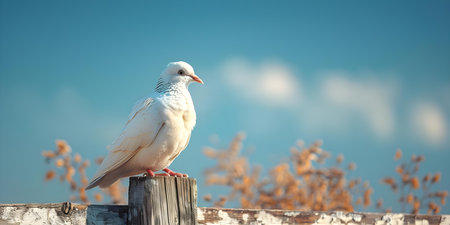 A dove symbolizing the Holy Spirit perched on a wooden cross against a blue sky. Concept Faith, Symbolism, Religious, Christian Art, Natureの素材
