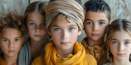 A diverse group of children from various cultures and backgrounds posing for an outdoor portrait. Concept Diversity, Outdoor Photoshoot, Children, Cultural Backgrounds, Portraitの素材