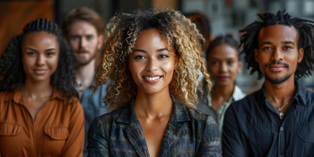 A diverse group of office colleagues smiling together representing a multicultural and inclusive workplace. Concept Diversity, Inclusion, Multicultural Workplace, Colleagues, Teamsmileの素材