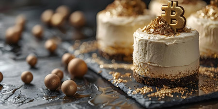 Bitcoin-themed cake adorned with edible gold accents representing halving events and decreased mining rewards. Concept Bitcoin, Cryptocurrency, Cake Design, Edible Gold, Halving Eventの素材