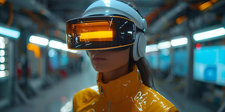 A person wearing VR goggles in a futuristic setting showcasing the use of technology in various industries. Concept Virtual Reality, Future Technology, Innovation, Industry Use, VR Gogglesの素材