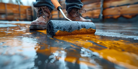 DIY Home Improvement: Using a Paint Roller to Paint a Concrete Floor. Concept Home DIY, Paint Roller, Concrete Floor, DIY Projects, Home Improvementの素材