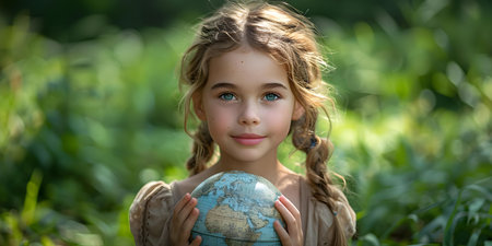 A girl holding a globe on a green lawn for an international childrens day campaign. Concept Outdoor Photoshoot, International Children's Day, Girl with Globe, Green Lawn, Campaign Inspirationの素材