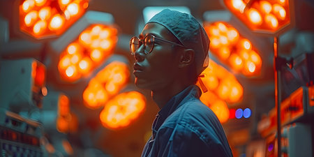 A surgeon in blue uniform uses medical equipment in an operating room with orange lighting. Concept Medical Equipment, Surgeon in Blue Uniform, Operating Room, Orange Lighting, Surgical Procedureの素材