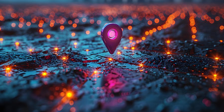 A purple map pin in a cityscape network connection symbolizing a city destination on a map. Concept Travel, Destination, Cityscape, Map Pin, Network Connectionの素材